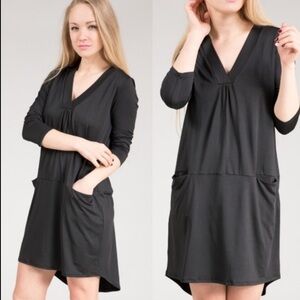 Anthropologie Dolan Tegan V-Neck Dress S Pockets Black 3/4 Sleeves Minimalist